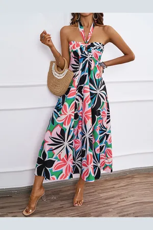 JC Mode Women Tropical Print Halter Neck Maxi Dress