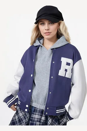 JC Mode Women Stand Collar Typography Embroidered Casual Varsity Jacket