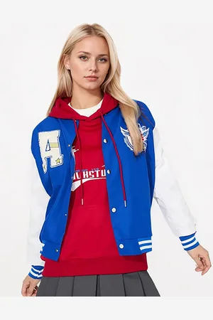 JC Mode Women Stand Collar Graphic Printed Casual Varsity Jacket