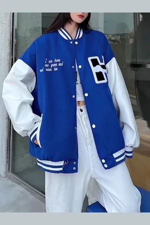 JC Mode Women Stand Collar Typography Printed Casual Varsity Jacket