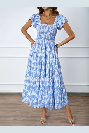 JC Mode Women Floral Printed Square Neck Smocked Flared Sleeves Maxi Dress