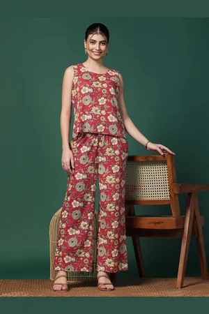 Moda Rapido Red Printed Round Neck Sleeveless Top With Trouser