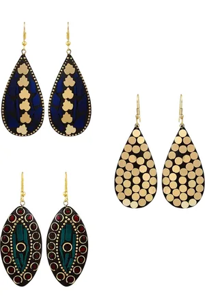 DIVASTRI Set Of 3 Gold-Plated Artificial Stones Studded Teardrop Shaped Drop Earrings