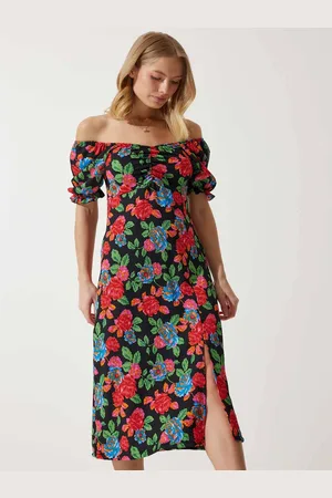 Happiness istanbul Floral Print Off-Shoulder A-Line Dress