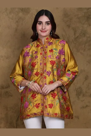Exotic India Art Silk Mandarin Collar Kashmir Short Jacket with Floral Aari Embroidery