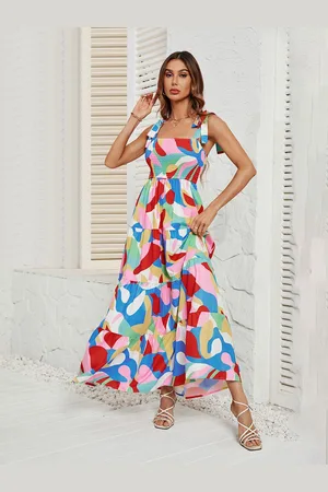 JC Mode Women Printed Shoulder Straps Smocked Sleeveless Maxi Dress
