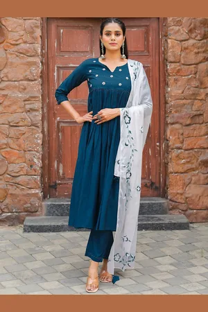 Rajnandini Floral Embroidered Empire Notch Neck Kurta With Trousers And Dupatta