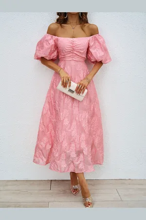 JC Mode Women Off-Shoulder Self Design Puffed Sleeve Fit & Flare Midi Dress