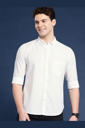 Fab Star Men Button-Down Collar Solid Cotton Casual Shirt