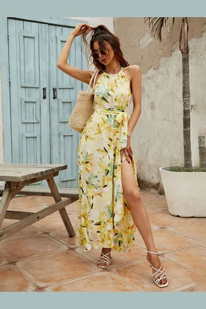 JC Mode Women Halter Neck Sleeveless Asymmetric Hem Floral Printed Maxi Dress