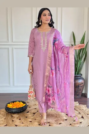 Lilots Floral Embroidered Sequinned Chanderi Silk Straight Kurta With Trouser And Dupatta