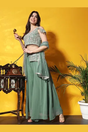 Chhabra 555 Embroidered Crop Top & Flared Palazzos With Dupatta Co-Ords
