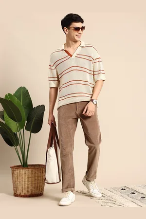Mast & Harbour Striped Polo Collar Open Knit Crochet T-shirt