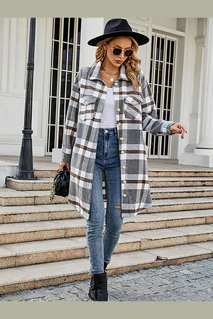 JC Mode Women Checked Spread Collar Longline Shackets