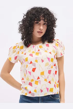 Deewa Women Geometric Printed Puff Sleeve Crepe Top