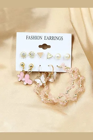 DIVASTRI Set Of 12 Gold-Plated Artificial Stones Studded And Beaded Hoop Earrings
