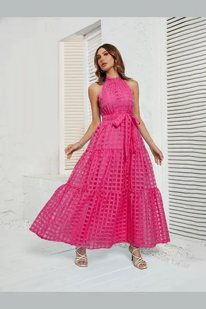 JC Mode Women Self Design Halter Neck Fit and Flare Maxi Dress