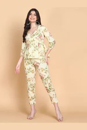 HERE&NOW Printed V-Neck Three-Quarter Sleeves Pure Cotton Top & Trouser