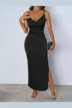 JC Mode Women Shoulder Straps Ruched Maxi Wrap Party Dress With Slit Details