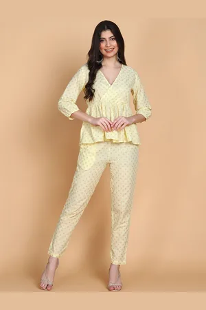 HERE&NOW Printed V-Neck Three-Quarter Sleeves Pure Cotton Top & Trouser