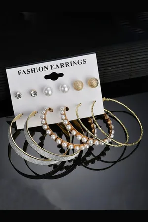 DIVASTRI Set Of 12 Gold-Plated Artificial Stones Studded And Beaded Circular Hoop Earrings