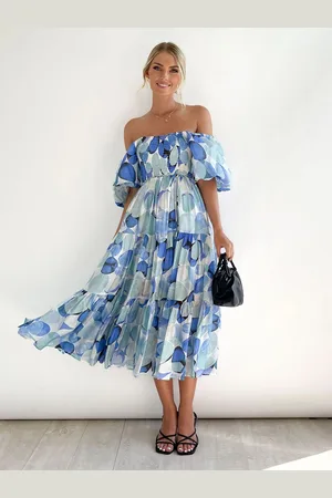JC Mode Women Floral Printed Off-Shoulder Flutter Sleeve Fit & Flare Midi Dress