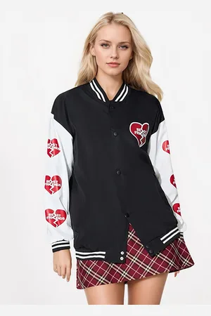 JC Mode Women Stand Collar Graphic Printed Casual Varsity Jacket