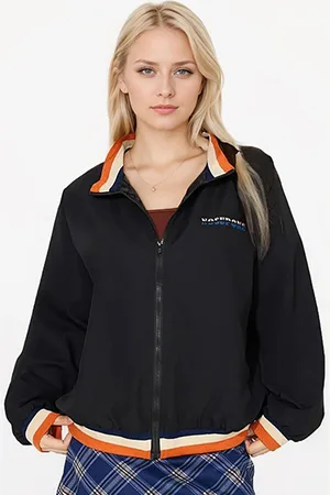 JC Mode Women Mock Collar Typography Printed Casual Bomber Jacket