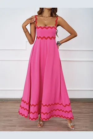 JC Mode Women Shoulder Straps Maxi Fit and Flare Dress With Lace Details