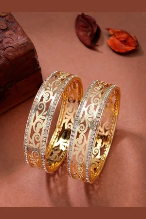 NVR Women Set of 2 Gold-Plated Cubic Zirconia Stone Studded Kada Bangles