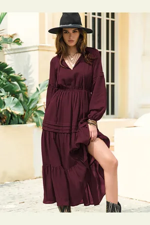 JC Mode Women V-Neck Puff Sleeves Maxi Dress