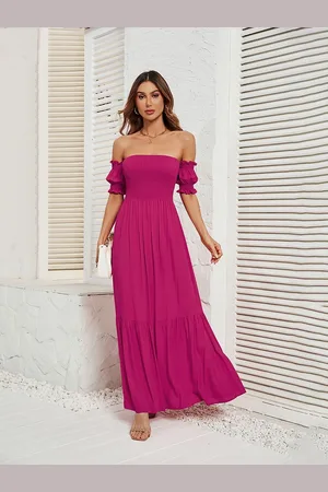 JC Mode Women Off-Shoulder Puff Sleeve Maxi Dress