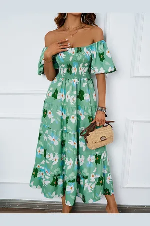 JC Mode Women Floral Printed Off-Shoulder Flared Sleeve Fit and Flare Maxi Dress