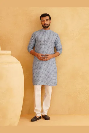 SOJANYA Floral Printed Band Collar Cotton Linen Straight Kurta With Churidar