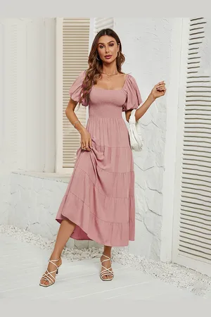 JC Mode Women Puff Sleeve Smocked Tiered Fit & Flare Midi Dress