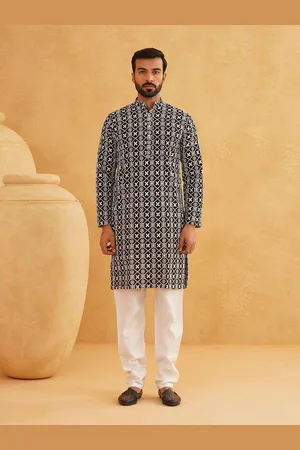 SOJANYA Floral Embroidered Sequinned Band Collar Pure Cotton Kurta With Churidar