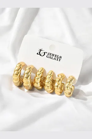 Jewels Galaxy Set Of 3 Gold- Plated Contemporary Shaped Half Hoop Earrings