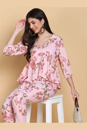 HERE&NOW Printed V-Neck Three-Quarter Sleeves Pure Cotton Top & Trouser