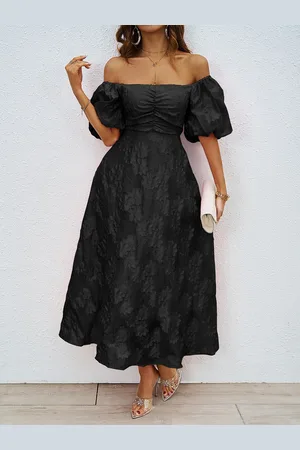 JC Mode Women Self Design Strapless Puff Sleeves Bandeau Maxi Dress