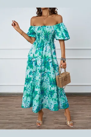 JC Mode Women Floral Printed Smocked Off-Shoulder Tiered Fit and Flare Maxi Dress