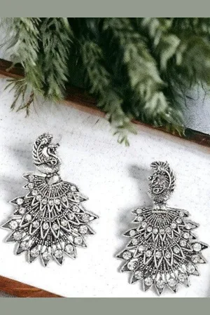 Sangria German Silver-Plated Rhinestone Studded Peacock Shaped Oxidized Drop Earrings