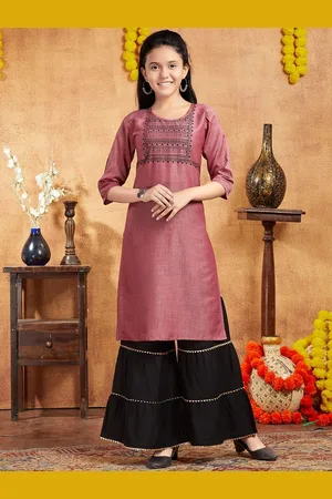Sangria Girls Maroon Tribal Printed Round Neck Cotton Straight Kurta