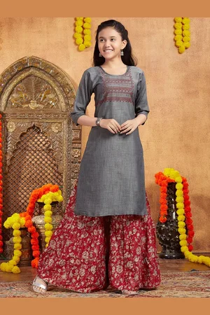 Sangria Girls Grey Tribal Printed Round Neck Pure Cotton Straight Kurta