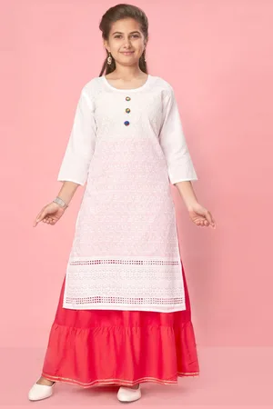 Sangria Girls White Chikankari Round Neck Straight Kurta