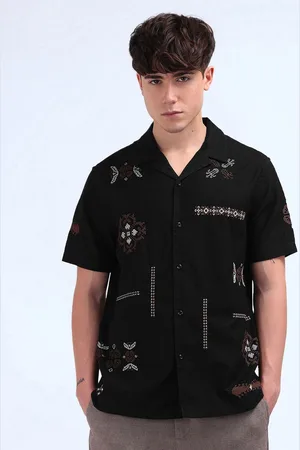 Flying Machine Men Cuban Collar Abstract Printed Cotton Casual Shirt