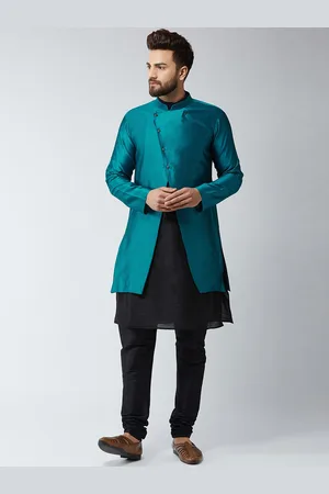 SOJANYA Men Black & Blue Self-Design Sherwani Set