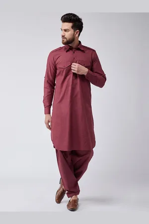 SOJANYA Men Maroon Solid Kurta with Salwar
