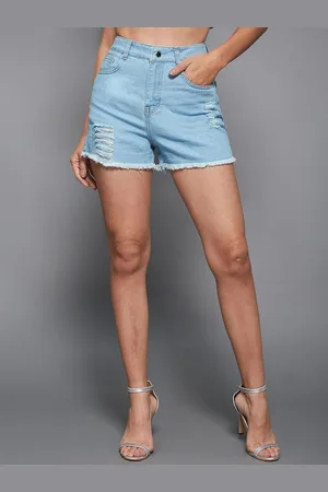 Miss Chase Women Blue Relaxed Mid Rise High Distress Regular Non Stretchable Denim Shorts