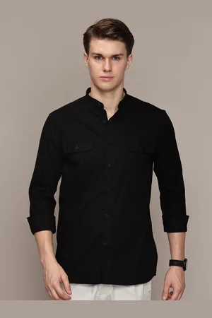 French Connection Men Premium Band Collar Solid Cotton Slim Fit Casual Shirt