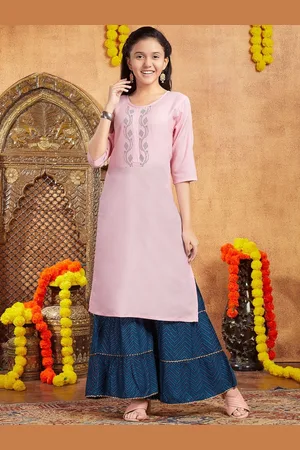 Sangria Girls Pink Floral Embellished Round Neck Straight Cotton Kurta